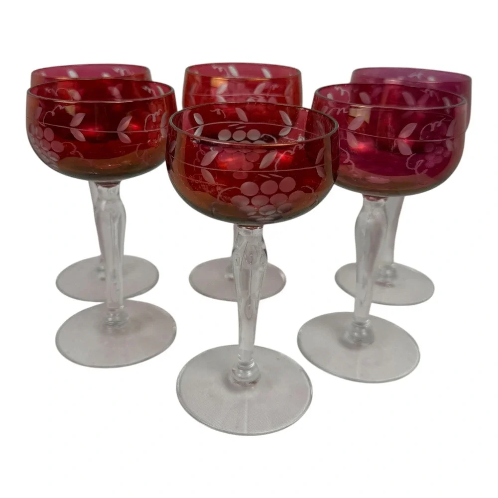 Vintage Cranberry Glass Cordial Set 6 Red Etched Grape Vine Clear Stem Barware